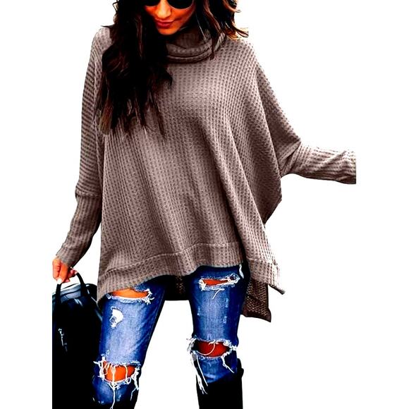 Women’s Medium Khaki Grey Oversized Waffle Knit Tunic Sweater - Picture 2 of 2